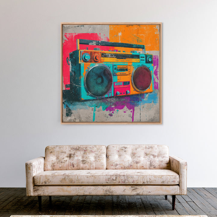 Boombox and Cassette Tape Framed Canvas Print, Graffiti Art, Gallery Decor, Living Room Decor, Fine Art, Street, Wall Art, GRF-1x1-38