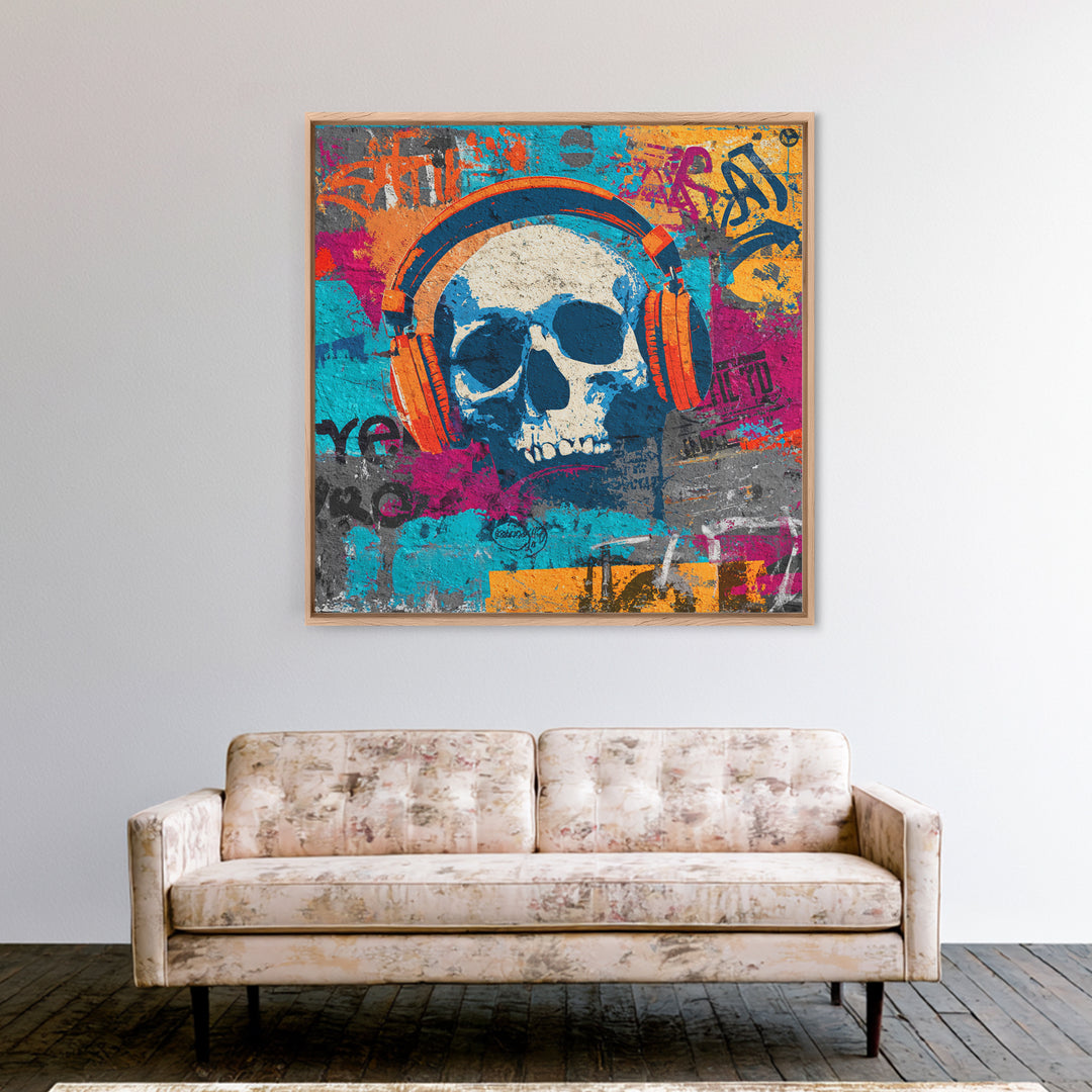 Skull and Headphones Mural Composition Framed Canvas Print, Graffiti Art, Abstract Art, Living Room Decor, Fine Art, Street, GRF-1x1-47