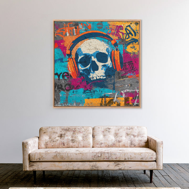 Skull and Headphones Mural Composition Framed Canvas Print, Graffiti Art, Abstract Art, Living Room Decor, Fine Art, Street, GRF-1x1-47