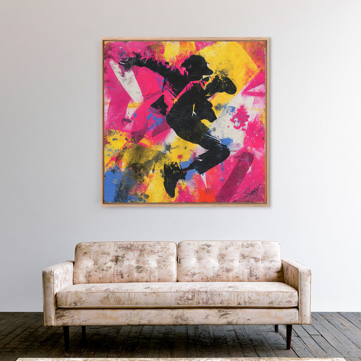 Breakdancer Silhouette over Bright Paint Splashes Canvas Print, Graffiti Art, Graffiti, Living Room Decor, Fine Art, Street, GRF-1x1-50