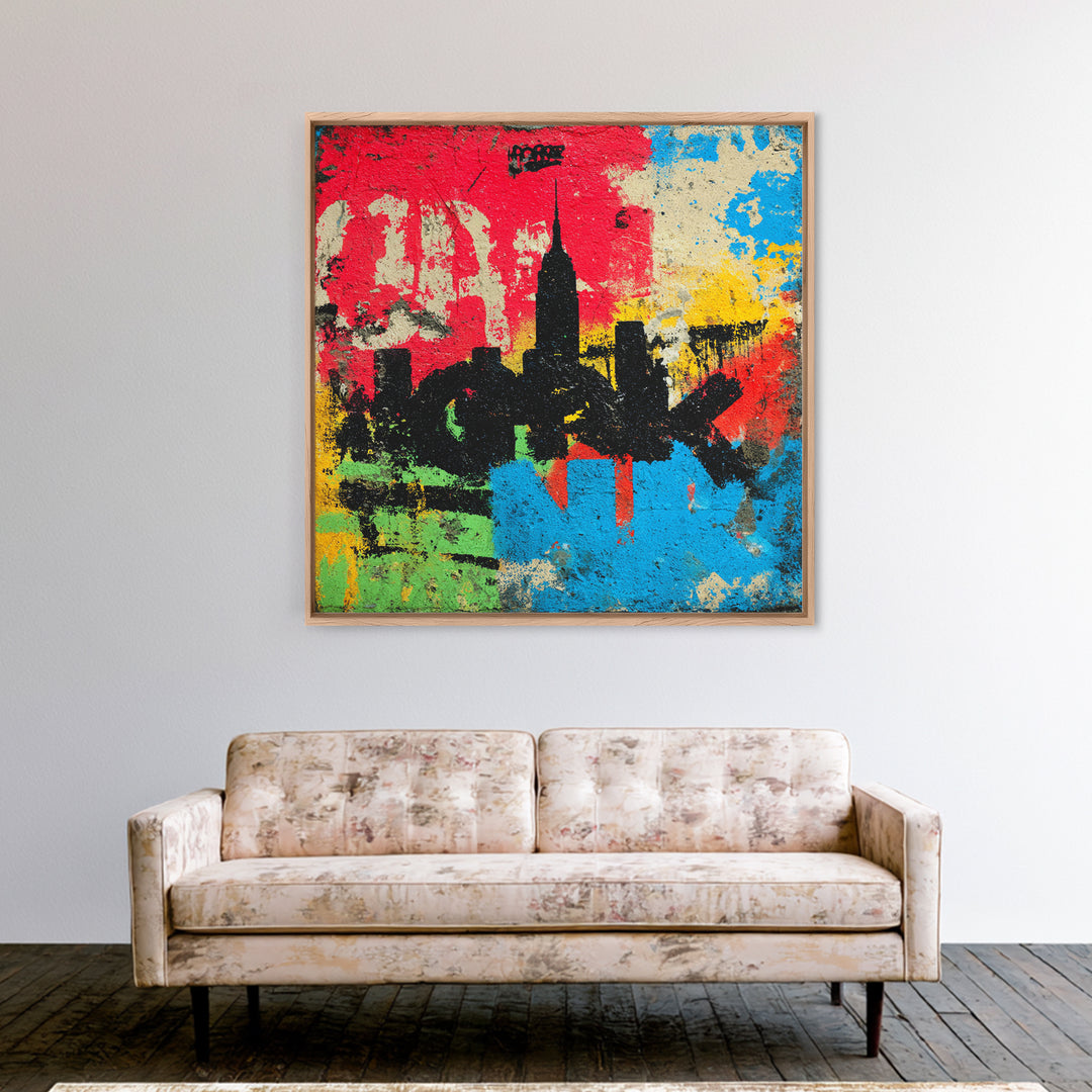 Paint Drips Forming a Skyline Silhouette Framed Canvas Print, Graffiti Art, Boho Decor, Living Room Decor, Fine Art, Street, GRF-1x1-61
