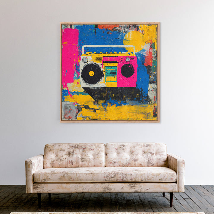 Boombox and Cassette Tape Framed Canvas Print, Graffiti Art, Gallery Decor, Living Room Decor, Fine Art, Street, Wall Art, GRF-1x1-62