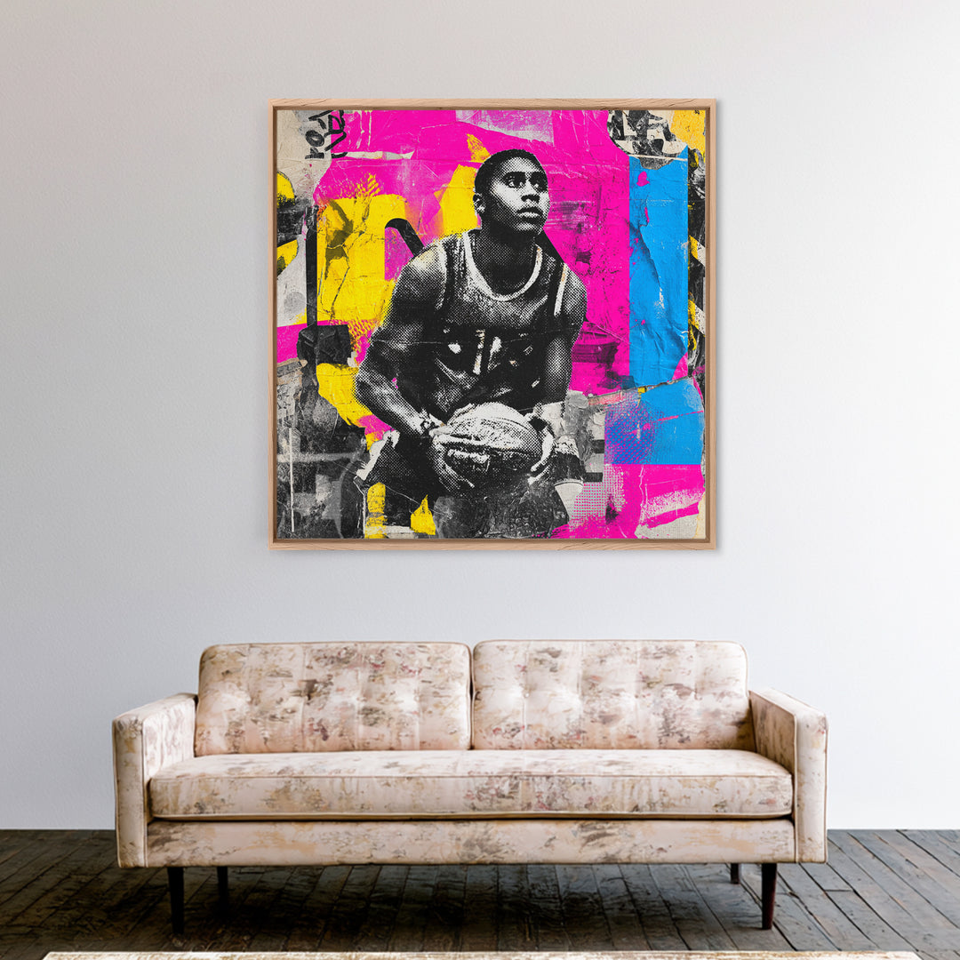 Basketball Player in Street Mural Energy Framed Canvas Print, Graffiti Art, 3d Wall Art, Living Room Decor, Fine Art, Street, GRF-1x1-68