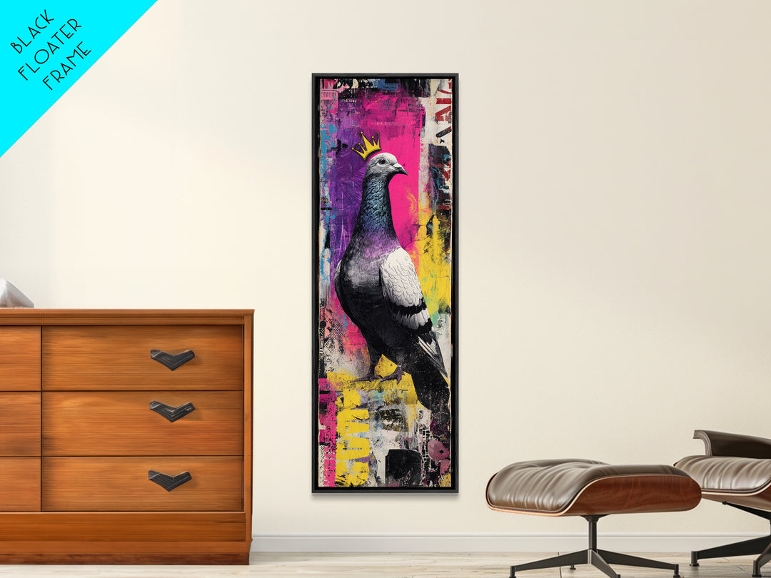 City Pigeon with Crown in Street Art Framed Canvas Print, Graffiti Art, Framed Art, Living Room Decor, Fine Art, Street, GRF-1x3-47