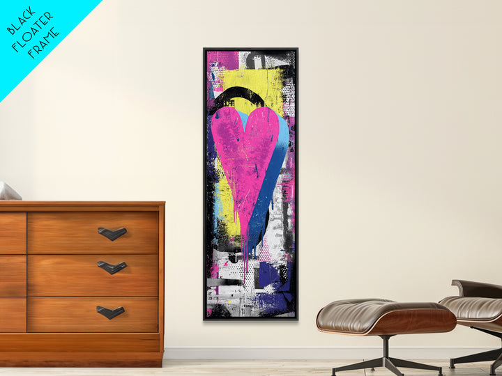 Neon Heart Painted on Cracked Concrete Texture Canvas Print, Graffiti Art, Luxury Decor, Living Room Decor, Street, GRF-1x3-66