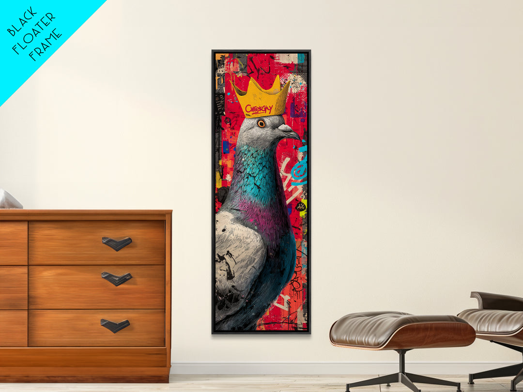 City Pigeon with Crown in Street Art Framed Canvas Print, Graffiti Art, Gallery Decor, Living Room Decor, Fine Art, Street, GRF-1x3-71
