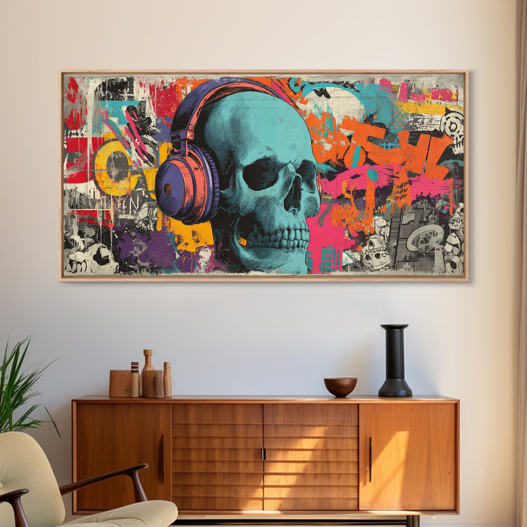 Skull and Headphones Mural Composition Framed Canvas Print, Graffiti Art, Graffiti, Living Room Decor, Fine Art, Street, GRF-2x1-19