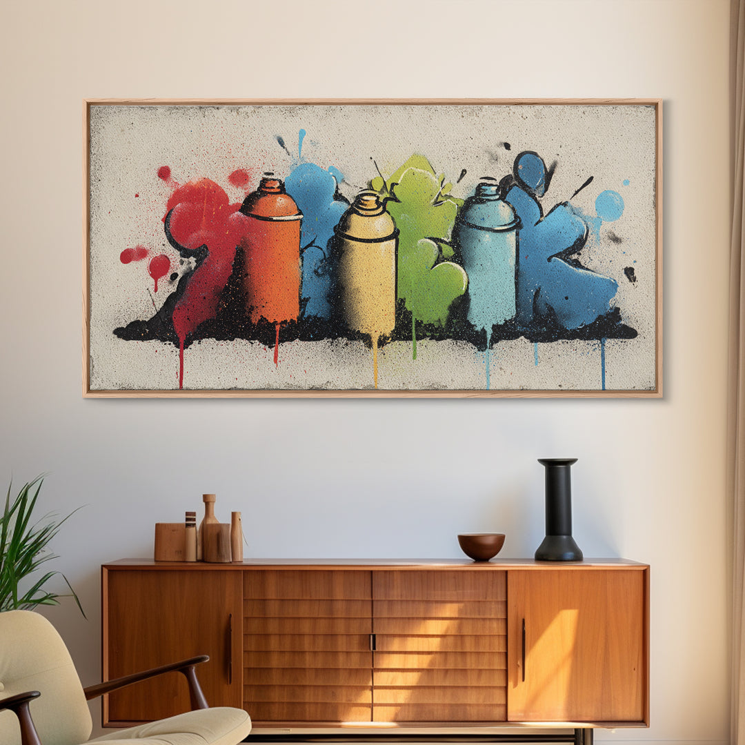 Spray Can Still Life Framed Canvas Print, Graffiti Art, Minimalist Decor, Living Room Decor, Street, Mid Century Modern, GRF-2x1-24