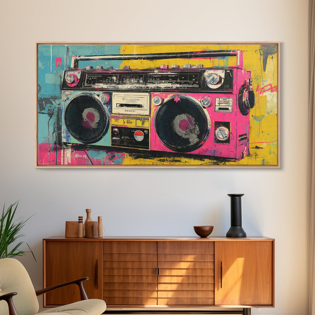 Boombox and Cassette Tape Framed Canvas Print, Graffiti Art, Contemporary Art, Living Room Decor, Fine Art, Street, GRF-2x1-34