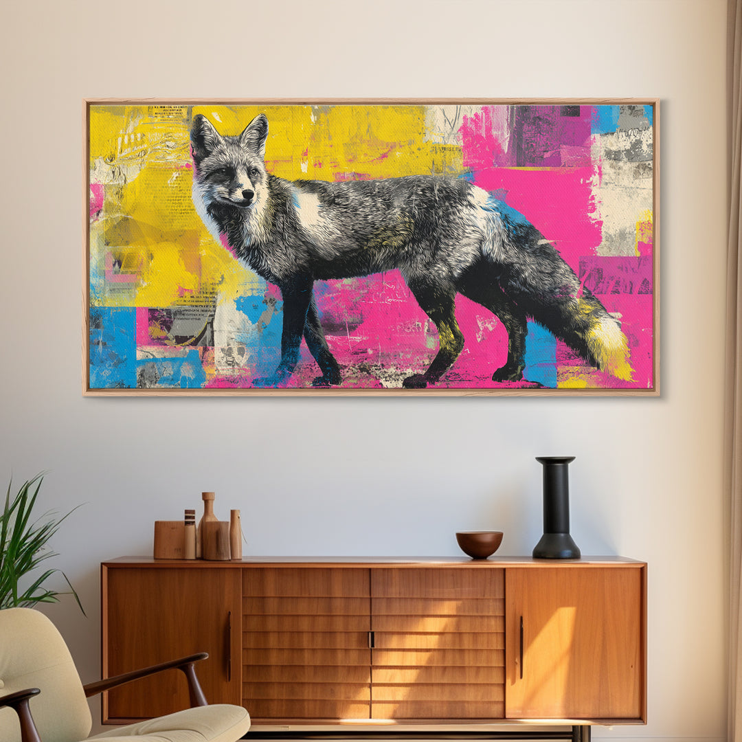 Urban Fox with Layered Sticker Collage Framed Canvas Print, Graffiti Art, Painting, Living Room Decor, Fine Art, Street, GRF-2x1-37