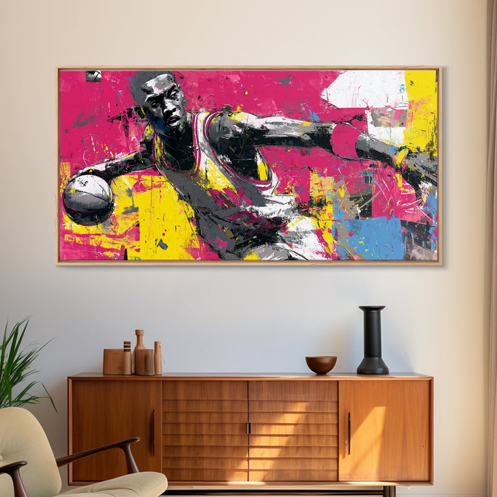 Basketball Player in Street Mural Energy Framed Canvas Print, Graffiti Art, Poster, Living Room Decor, Fine Art, Street, GRF-2x1-40