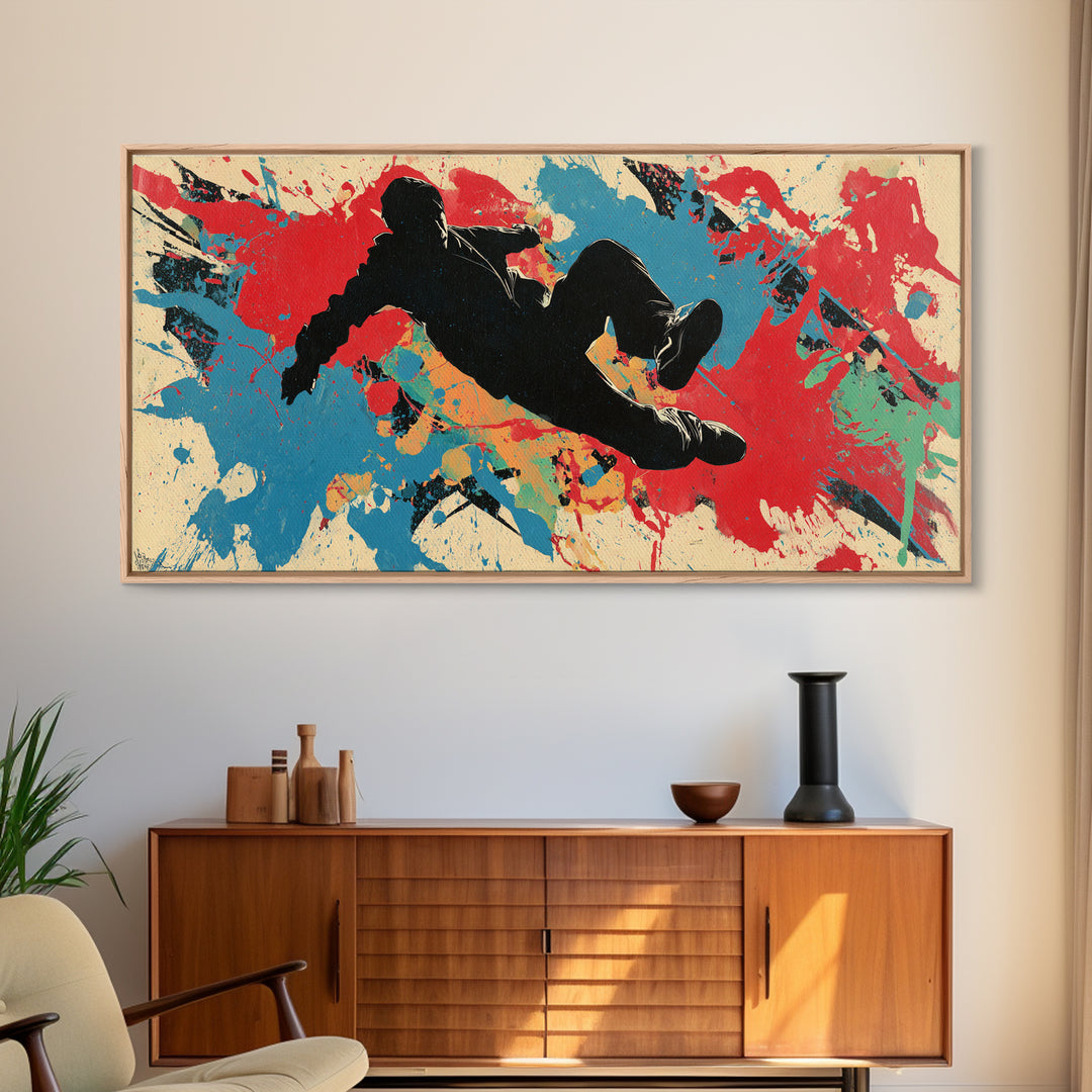 Breakdancer Silhouette over Bright Paint Splashes Framed Canvas Print, Graffiti Art, Poster, Living Room Decor, Street, GRF-2x1-46