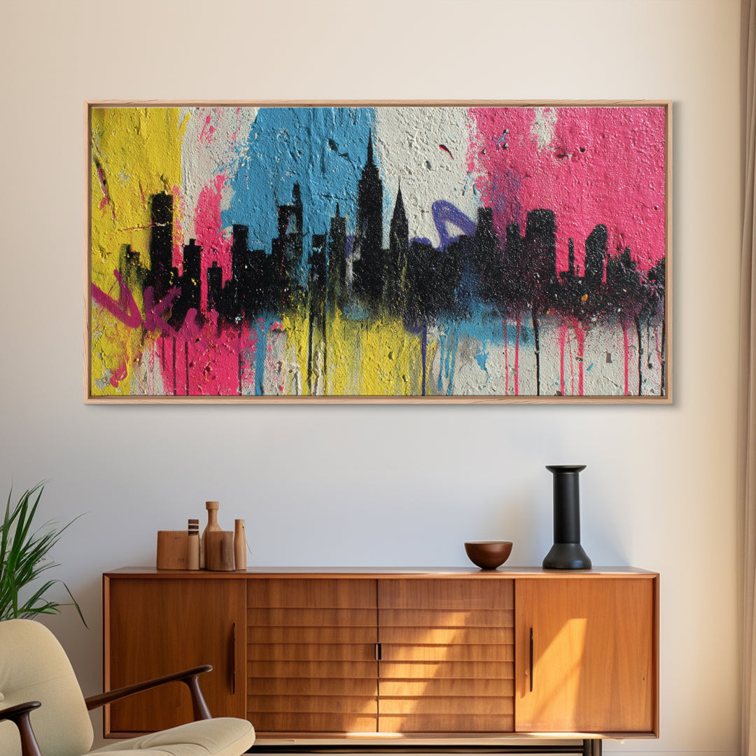 Paint Drips Forming a Skyline Silhouette Framed Canvas Print, Graffiti Art, Wall Decor, Living Room Decor, Abstract Art, Street, GRF-2x1-9