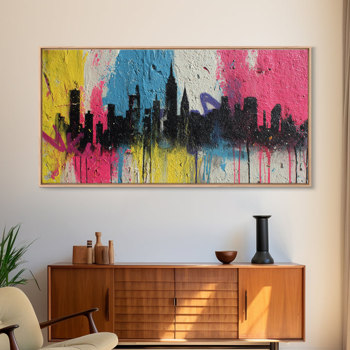 Paint Drips Forming a Skyline Silhouette Framed Canvas Print, Graffiti Art, Wall Decor, Living Room Decor, Abstract Art, Street, GRF-2x1-9