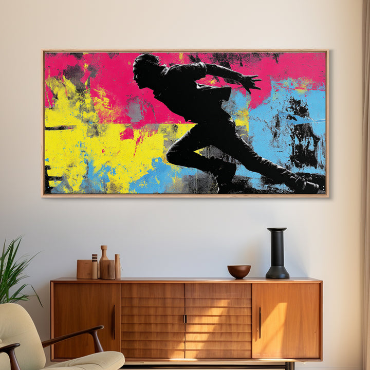 Masked Street Artist Silhouette Framed Canvas Print, Graffiti Art, Prints, Living Room Decor, Oil Painting, Street, Framed Art, GRF-2x1-90