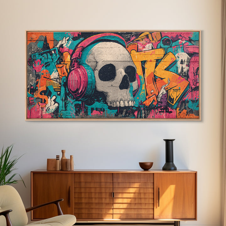 Skull and Headphones Mural Composition Framed Canvas Print, Graffiti Art, Mid Century Modern, Living Room Decor, Street, GRF-2x1-91