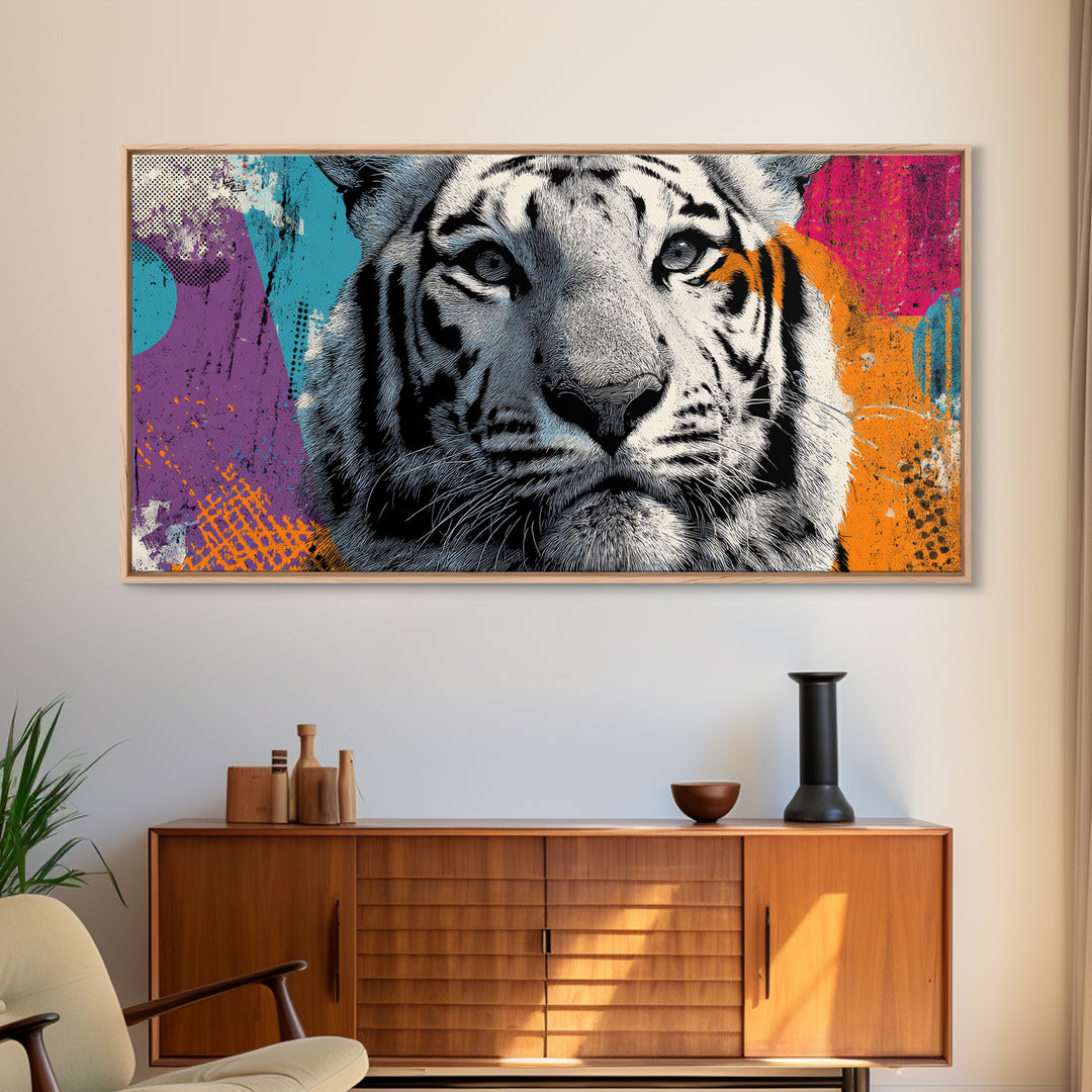 Urban Tiger Portrait Framed Canvas Print, Graffiti Art, Neutral Decor, Living Room Decor, Fine Art, Street, Home Decor, GRF-2x1-95