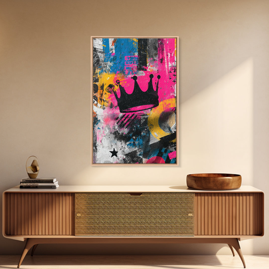 Abstract Crown and Stars Framed Canvas Print, Graffiti Art, Art Print, Living Room Decor, Abstract Art, Street, Wall Hangings, GRF-2x3-3
