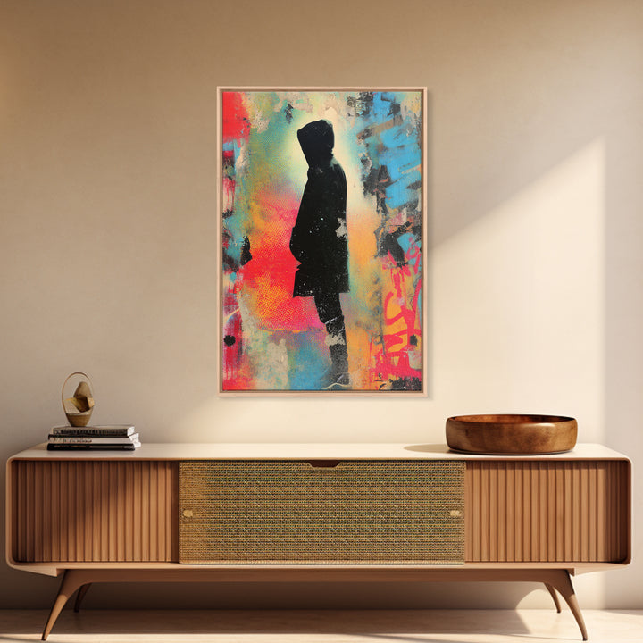 Masked Street Artist Silhouette Framed Canvas Print, Graffiti Art, Minimalist Decor, Living Room Decor, Fine Art, Street, GRF-2x3-30