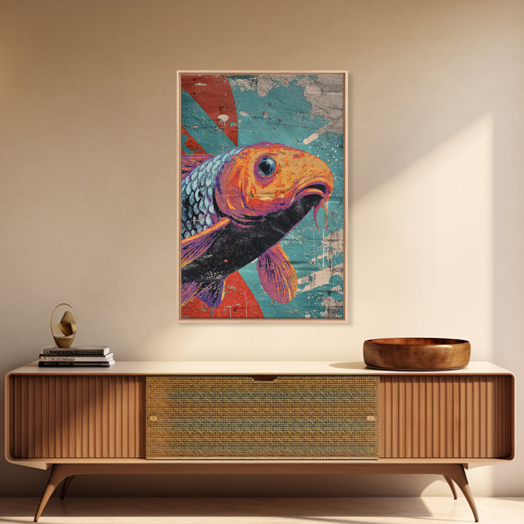 Spray Painted Koi Fish on Brick Texture Framed Canvas Print, Graffiti Art, Living Room Decor, Watercolor Art, Street, GRF-2x3-48