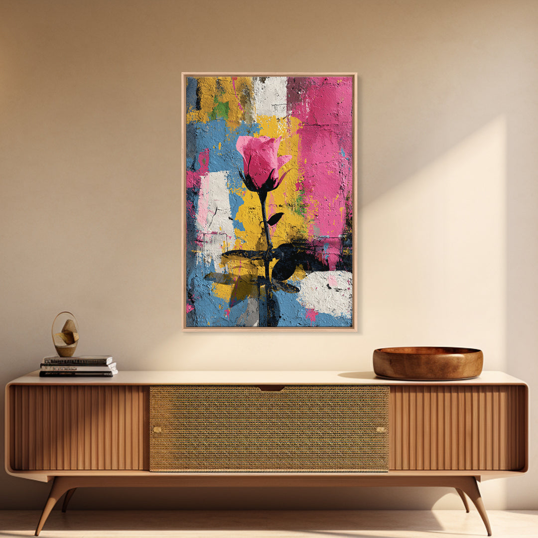 Graffiti Rose Blooming from Concrete Crack Framed Canvas Print, Graffiti Art, Original Art, Living Room Decor, Oil Painting, GRF-2x3-53