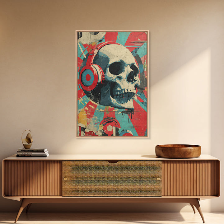 Skull and Headphones Mural Composition Framed Canvas Print, Graffiti Art, Wall Hangings, Living Room Decor, Fine Art, Street, GRF-2x3-55