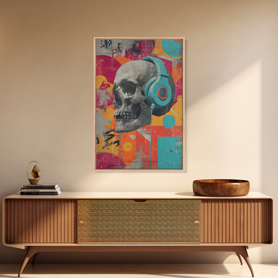 Skull and Headphones Mural Composition Canvas Print, Graffiti Art, Art Deco, Living Room Decor, Street, Wall Sculpture, GRF-2x3-79