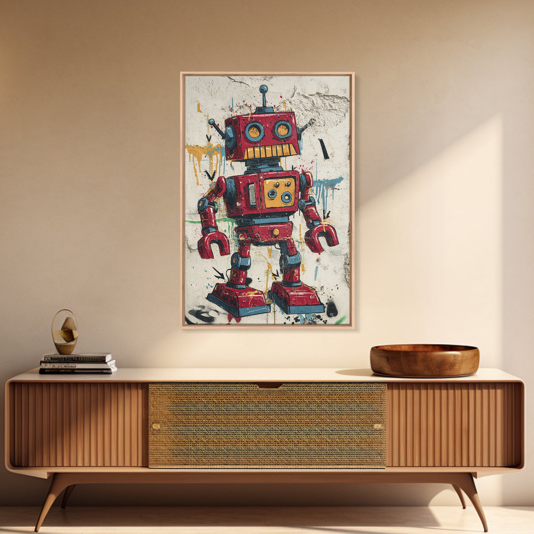 Cartoon Robot Character Framed Canvas Print, Graffiti Art, Large Wall Art, Living Room Decor, Fine Art, Street, Modern Wall Art, GRF-2x3-90