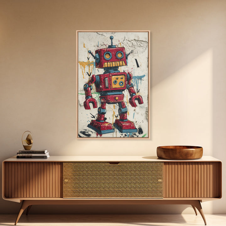 Cartoon Robot Character Framed Canvas Print, Graffiti Art, Large Wall Art, Living Room Decor, Fine Art, Street, Modern Wall Art, GRF-2x3-90