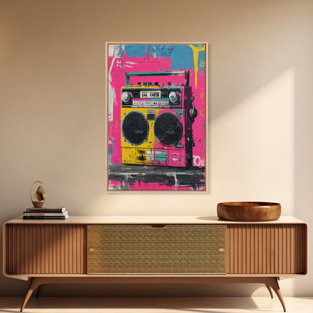 Boombox and Cassette Tape Framed Canvas Print, Graffiti Art, Art Deco, Living Room Decor, Fine Art, Street, Wall Sculpture, GRF-2x3-94