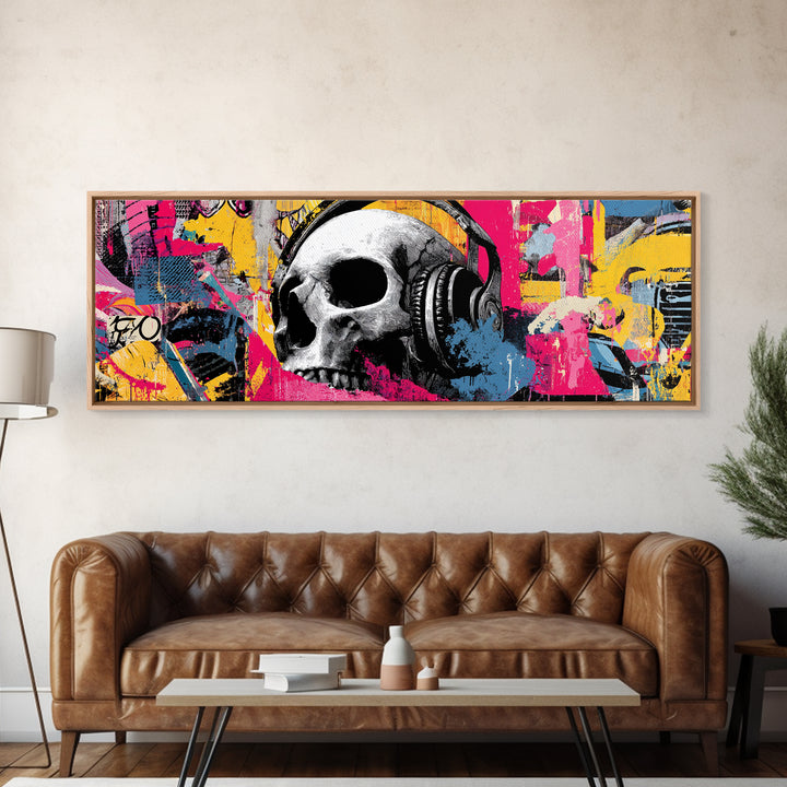 Skull and Headphones Mural Composition Framed Canvas Print, Graffiti Art, Gallery Decor, Living Room Decor, Fine Art, Street, GRF-3x1-15