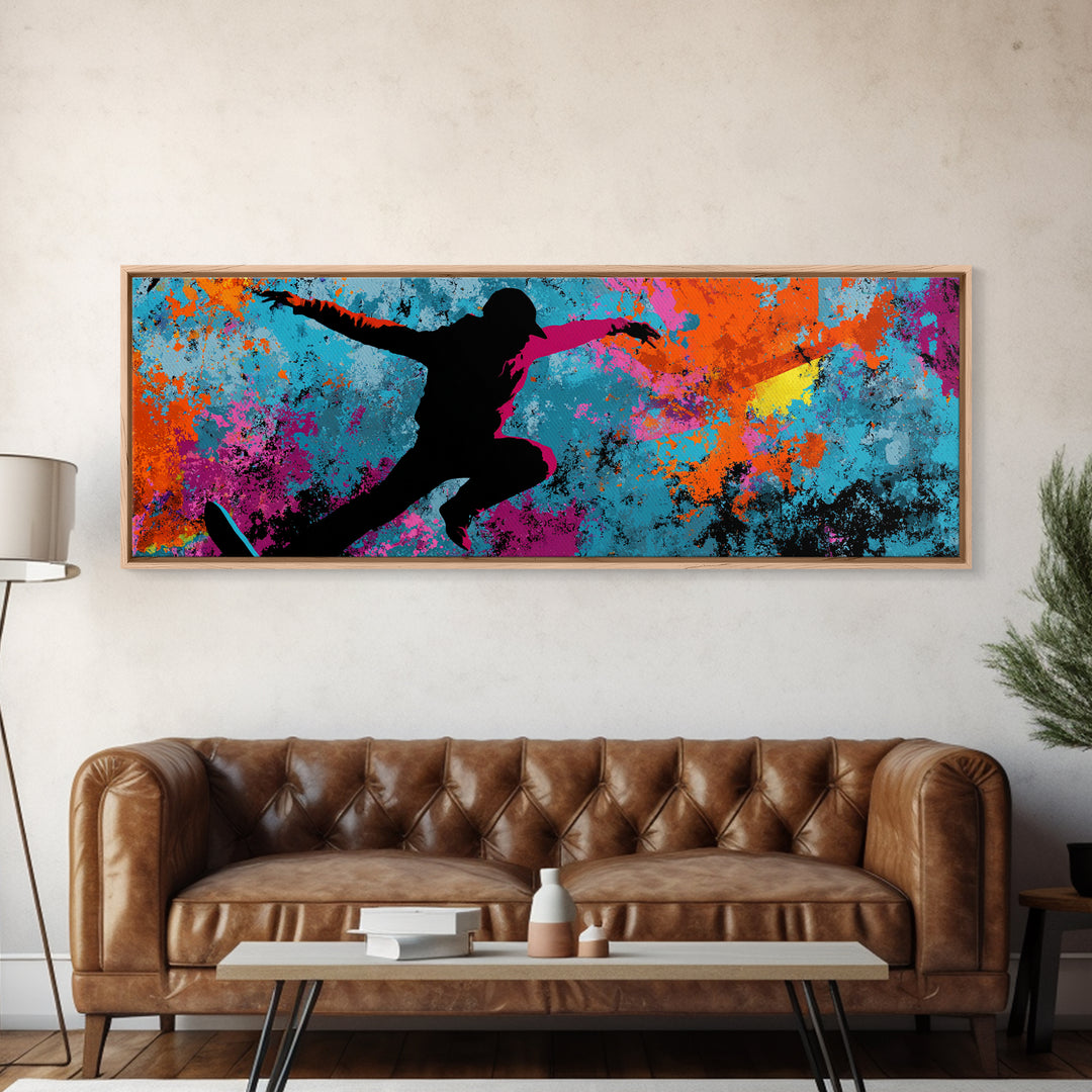 Breakdancer Silhouette over Bright Paint Splashes Canvas Print, Graffiti Art, Framed Art, Living Room Decor, Fine Art, Street, GRF-3x1-42