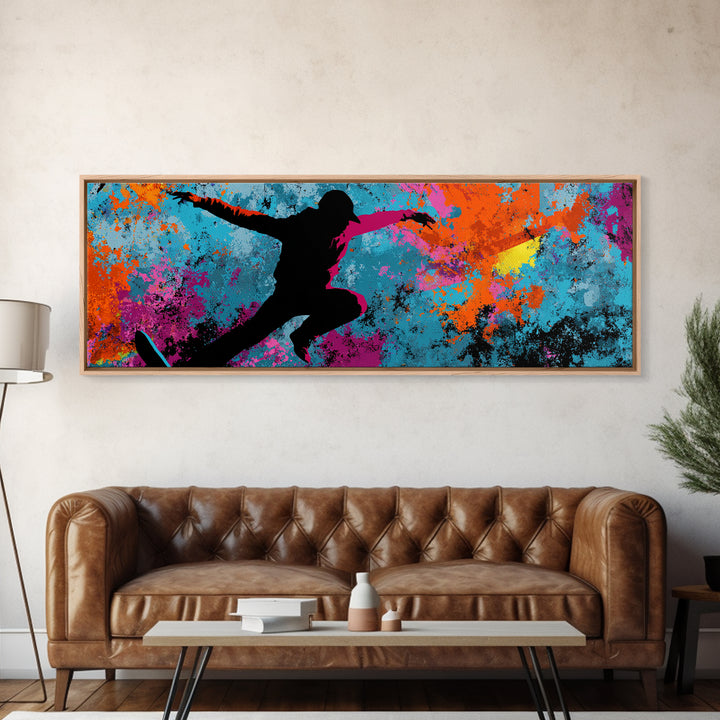 Breakdancer Silhouette over Bright Paint Splashes Canvas Print, Graffiti Art, Framed Art, Living Room Decor, Fine Art, Street, GRF-3x1-42