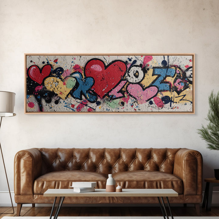 Neon Heart Painted on Cracked Concrete Texture Canvas Print, Graffiti Art, Digital Print, Living Room Decor, Fine Art, Street, GRF-3x1-46