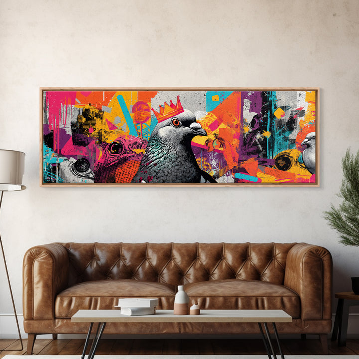 City Pigeon with Crown in Street Art Framed Canvas Print, Graffiti Art, Wall Hangings, Living Room Decor, Fine Art, Street, GRF-3x1-51