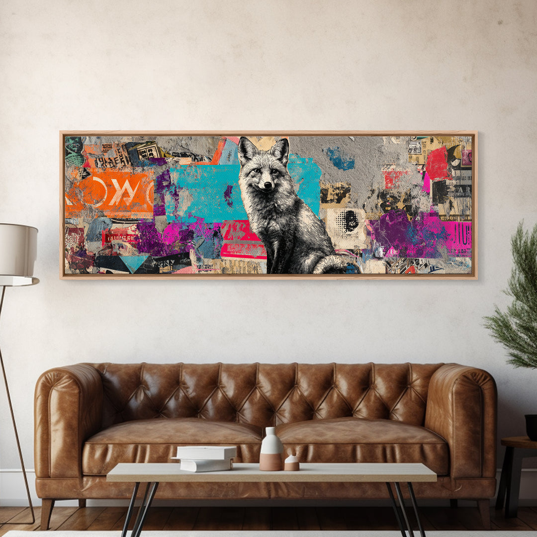 Urban Fox with Layered Sticker Collage Framed Canvas Print, Graffiti Art, Graffiti, Living Room Decor, Fine Art, Street, GRF-3x1-57