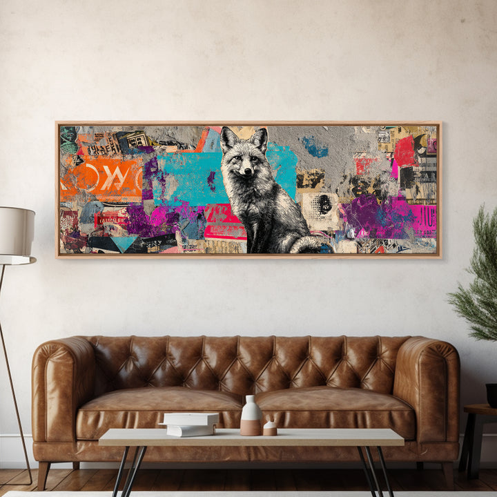 Urban Fox with Layered Sticker Collage Framed Canvas Print, Graffiti Art, Graffiti, Living Room Decor, Fine Art, Street, GRF-3x1-57