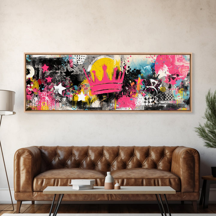 Abstract Crown and Stars Framed Canvas Print, Graffiti Art, Wall Decor, Living Room Decor, Abstract Art, Street, Canvas Art, GRF-3x1-59