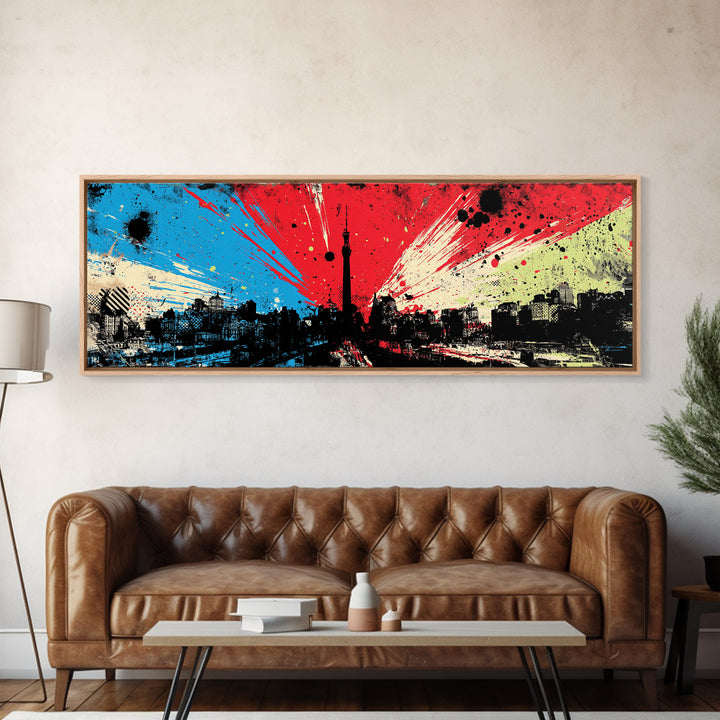 Paint Drips Forming a Skyline Silhouette Framed Canvas Print, Graffiti Art, Boho Wall Decor, Living Room Decor, Street, GRF-3x1-77