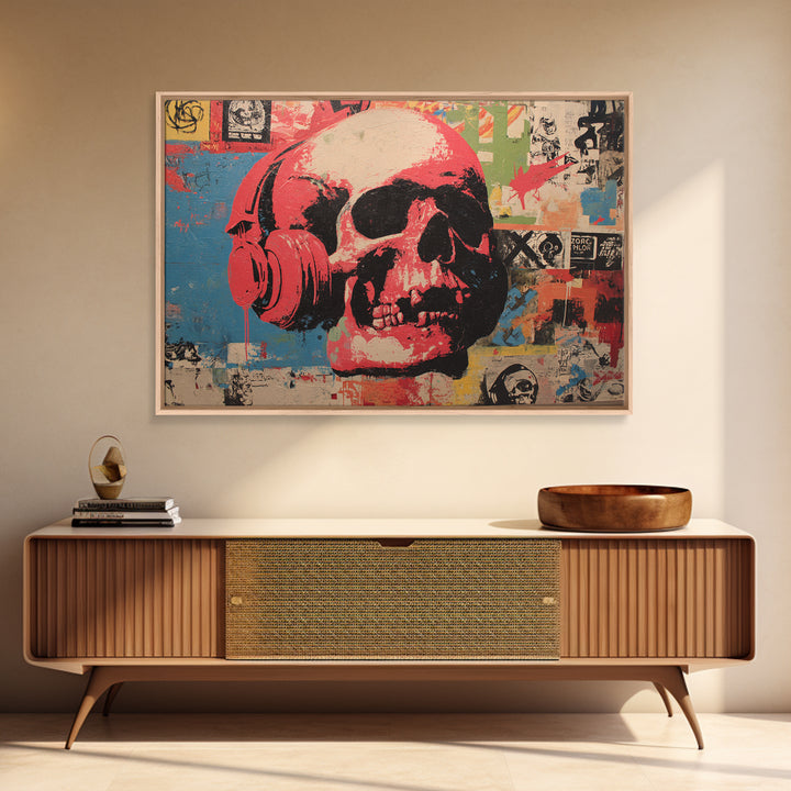 Skull and Headphones Mural Composition Framed Canvas Print, Graffiti Art, Gallery Decor, Living Room Decor, Fine Art, Street, GRF-3x2-27