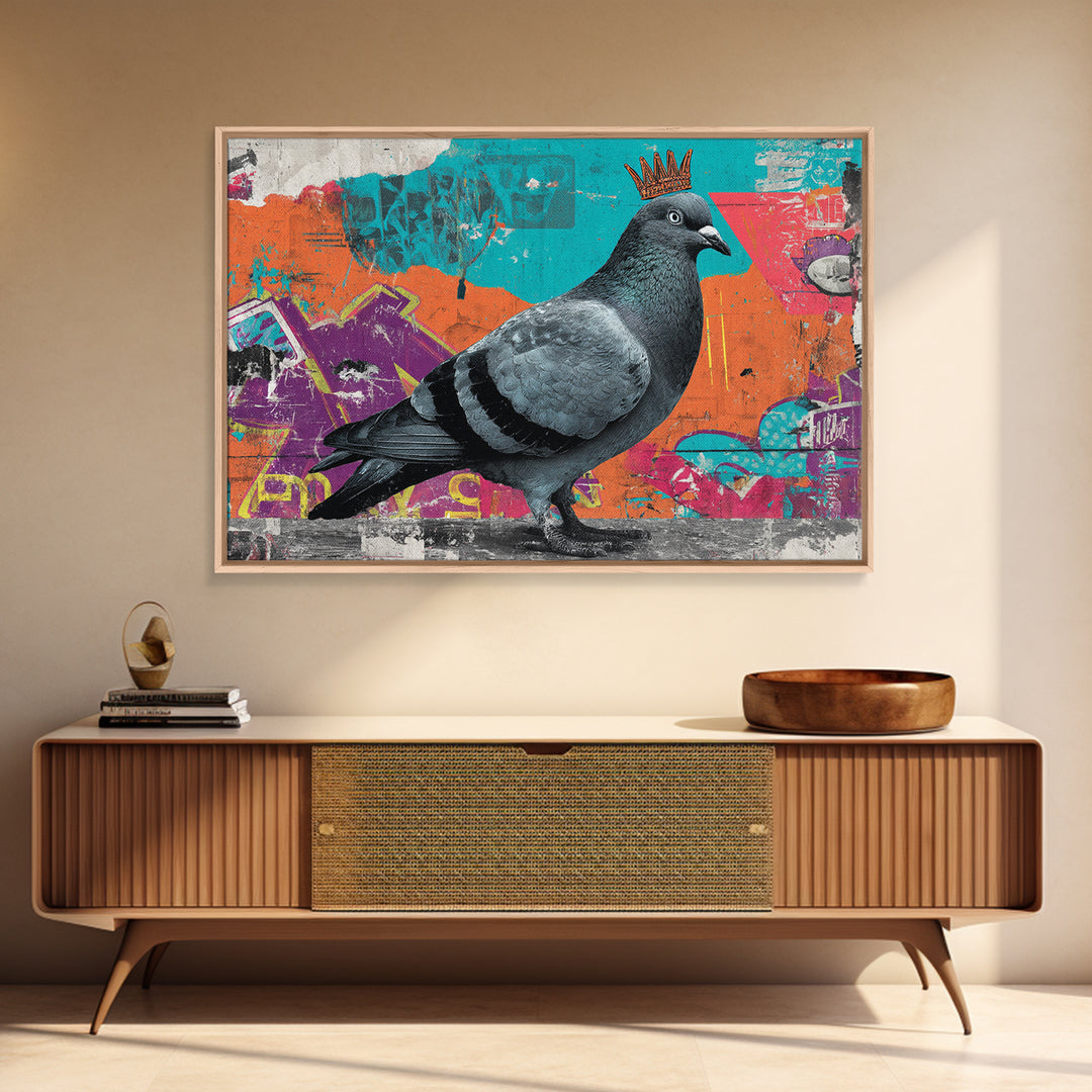 City Pigeon with Crown in Street Art Framed Canvas Print, Graffiti Art, Contemporary Art, Living Room Decor, Fine Art, Street, GRF-3x2-39