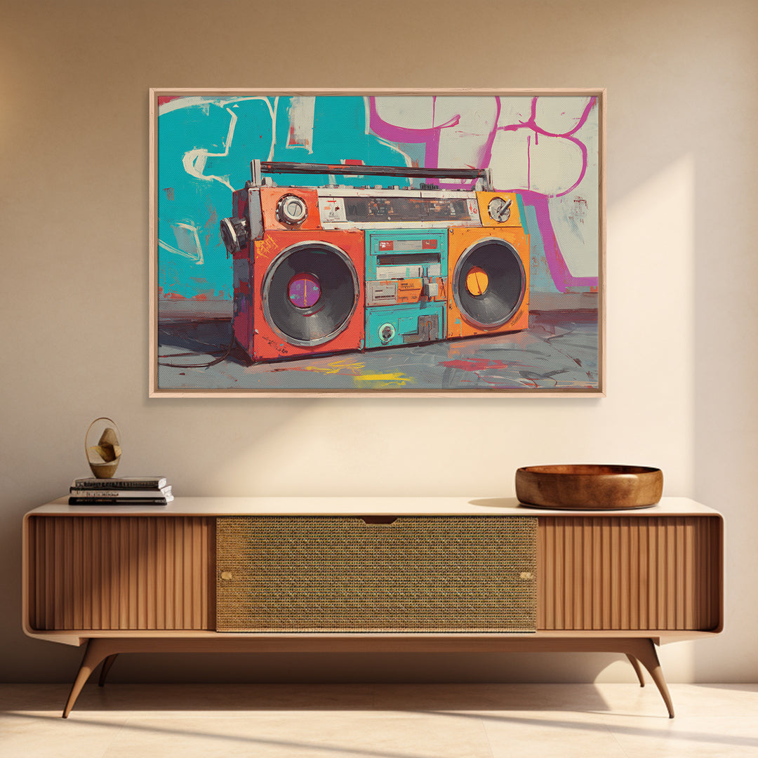 Boombox and Cassette Tape Canvas Print, Graffiti Art, Framed Art, Living Room Decor, Fine Art, Street, Neutral Decor, GRF-3x2-42