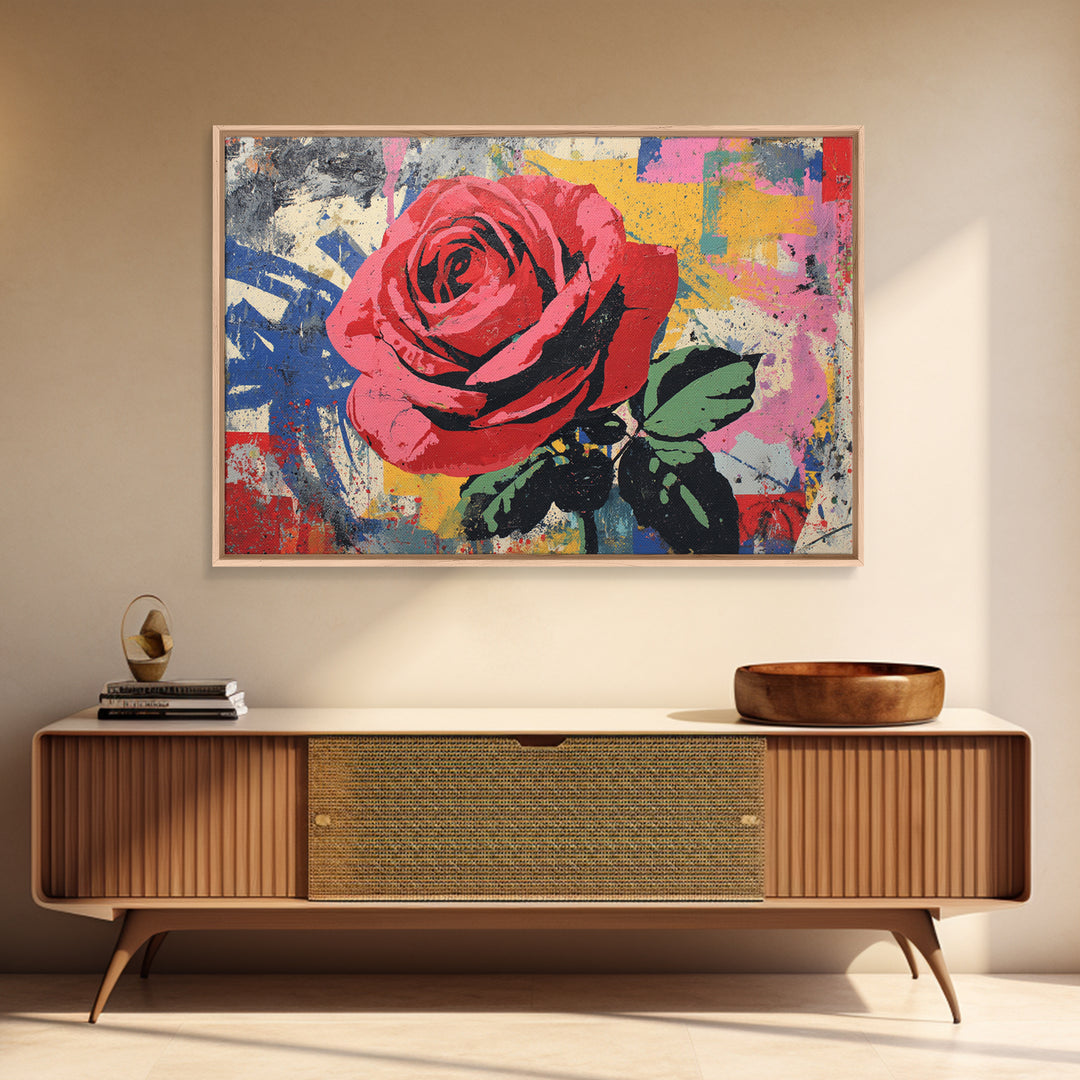 Graffiti Rose Blooming from Concrete Crack Canvas Print, Graffiti Art, Neutral Decor, Living Room Decor, Fine Art, Street, GRF-3x2-49