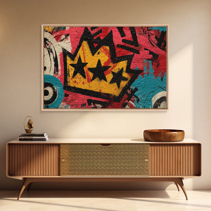 Abstract Crown and Stars Framed Canvas Print, Graffiti Art, Above Bed Decor, Living Room Decor, Abstract Art, Street, GRF-3x2-71