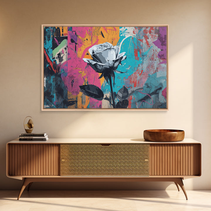 Graffiti Rose Blooming from Concrete Crack Canvas Print, Graffiti Art, Neutral Decor, Living Room Decor, Fine Art, Street, GRF-3x2-73