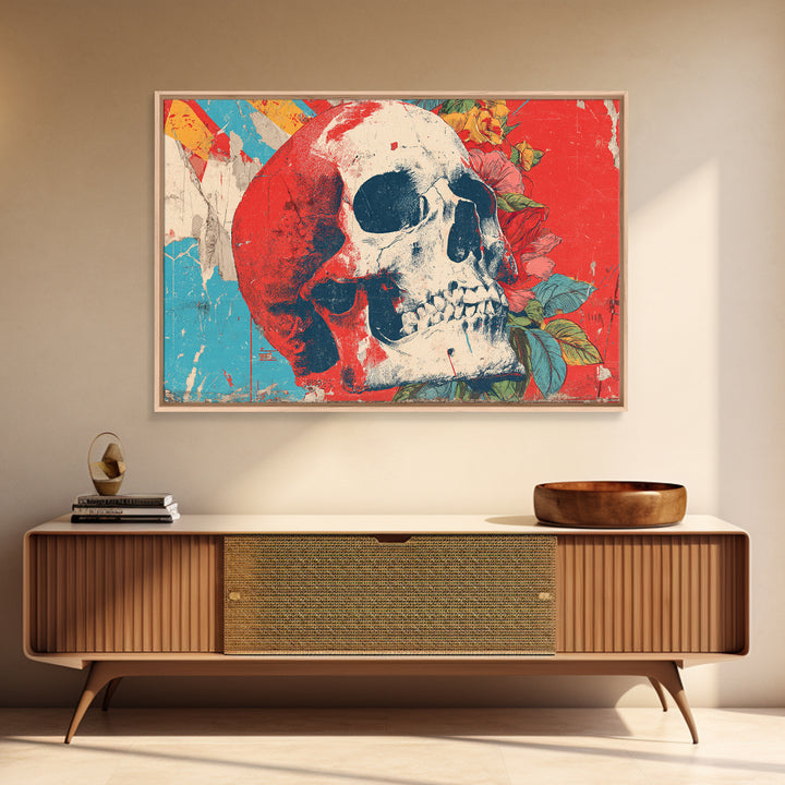 Street Mural Skull Framed Canvas Print, Graffiti Art, 3d Wall Art, Living Room Decor, Oil Painting, Street, Statement Artwork, GRF-3x2-9