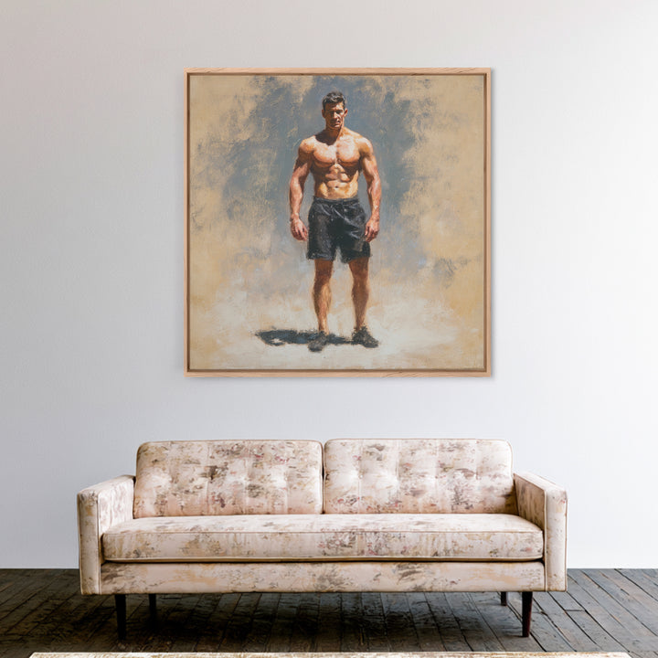 Bodybuilder Pose Rendered Framed Canvas Print, Gym Art, Living Room Decor, Gym Decor, Oil Painting, Strength, Sports Poster, GYM-1x1-28