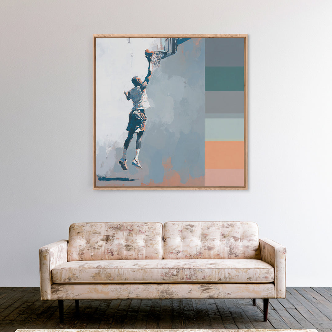 Basketball Player Dunking Through Bold Color Canvas Print, Gym Art, Speakeasy Art, Gym Decor, Oil Painting, Strength, GYM-1x1-30