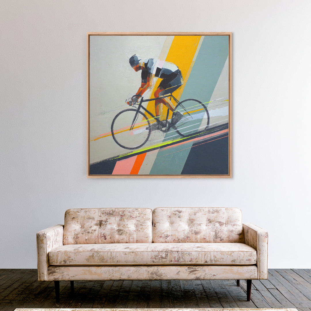 Cyclist Racing Through Neon Speed Lines Framed Canvas Print, Gym Art, Gallery Decor, Gym Decor, Fine Art, Strength, Wall Art, GYM-1x1-38