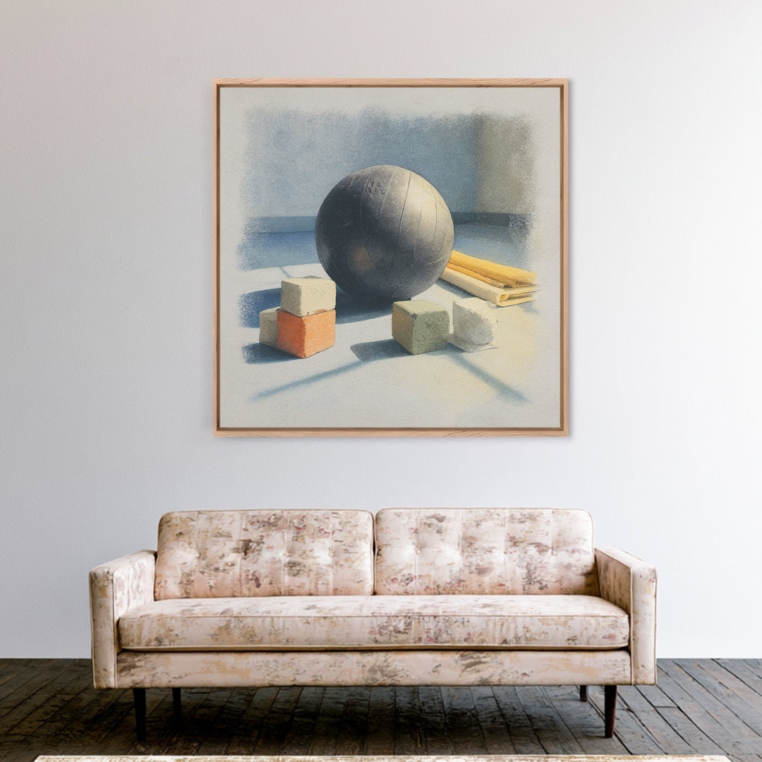 Medicine Ball and Chalk Still Life Framed Canvas Print, Gym Art, Wall Decoration, Gym Decor, Fine Art, Strength, Speakeasy Art, GYM-1x1-47